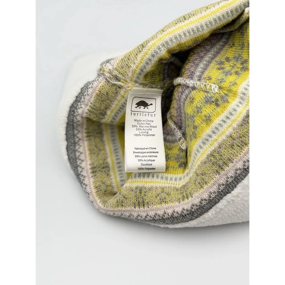 Turtle Fur Merino Wool Pink Yellow Fair Isle Beanie Hat Fleece Faux Fur Pom Pom
